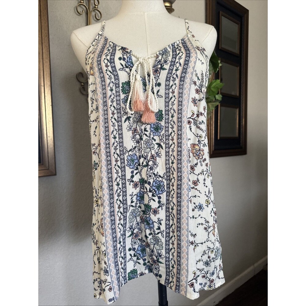 Women's Boho Mix Floral Tank Top Summer Adjustable Spaghetti Strap Tassel Size M